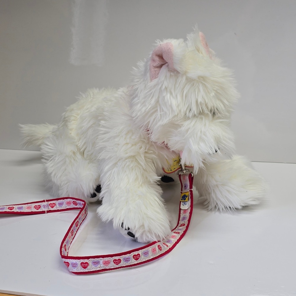 Build-A-Bear Westie Dog Plush White Shaggy Puppy Pink Ears Heart Leash Tag